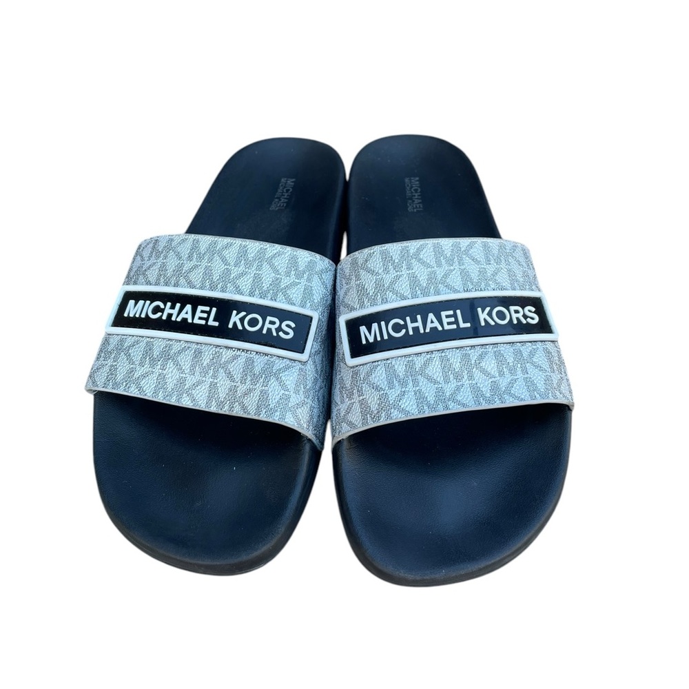 Michael Kors Demi Flat Slide Sandals Mini MK Logo Black Silver